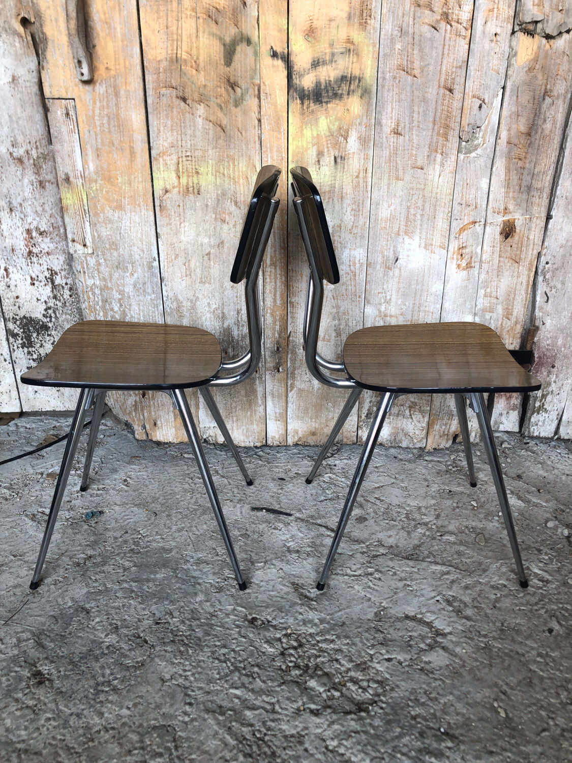 Pair of tublac chairs compass legs chrome metal formica wood vintage #a241