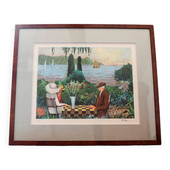 Lithographie épreuve d'artiste de Ramon Dilley Terrasse en bord de mer