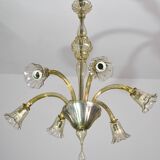 Lustre en verre de Murano vintage, couleur ambre, six lumières, design des années 1950.