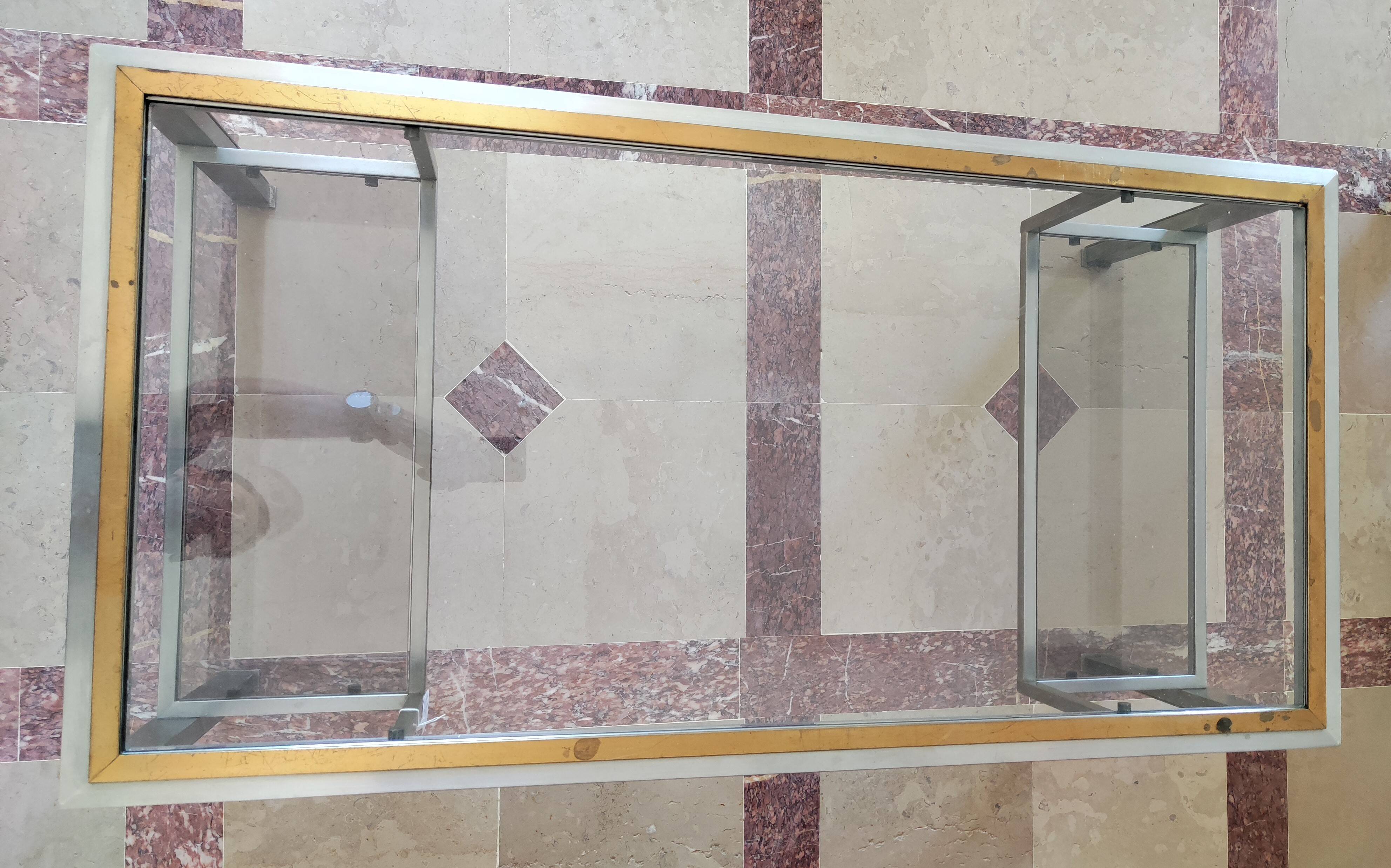 Guy lefèvre for maison jansen coffee table in brushed steel and brass 1970