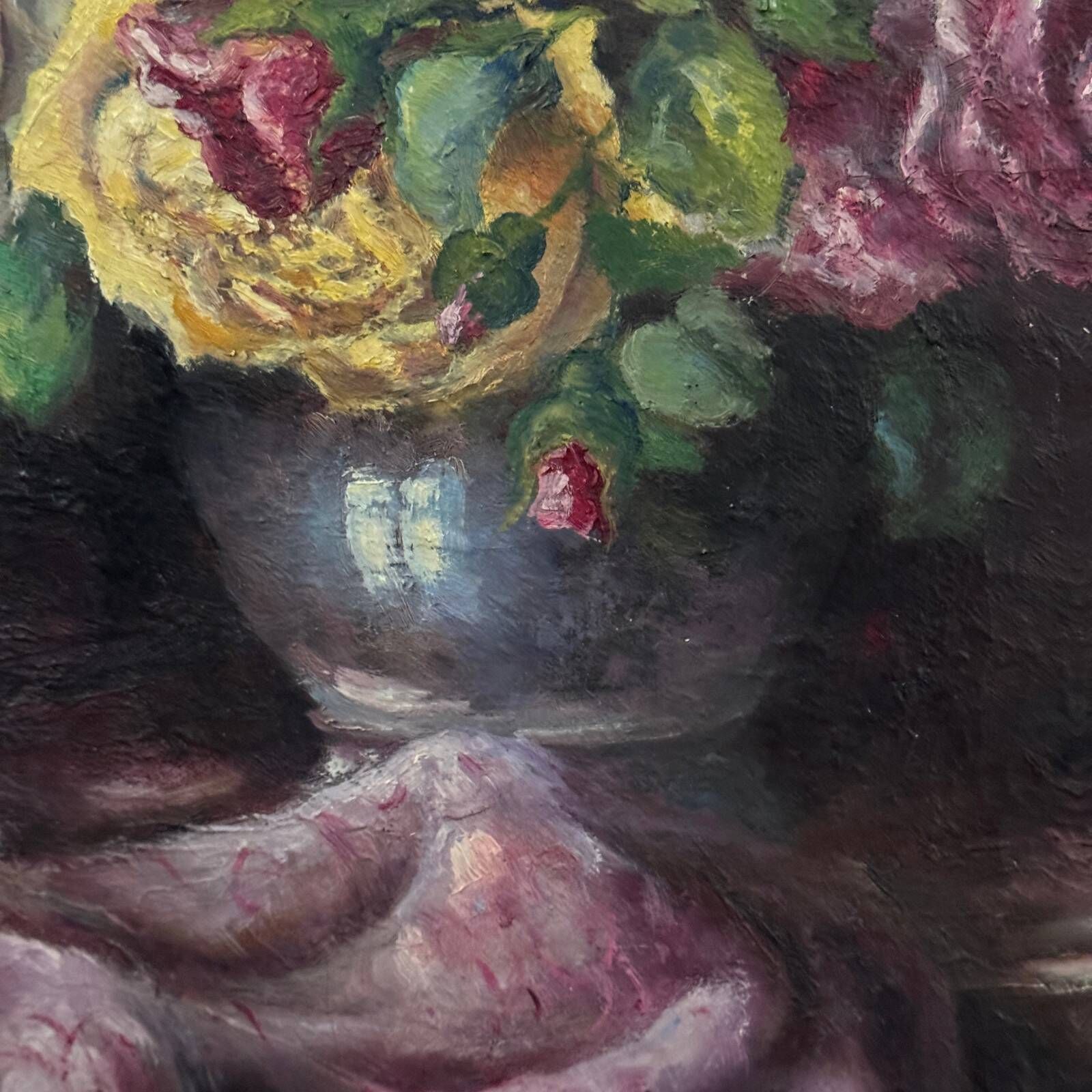 Oil on canvas bouquet of roses and drapery 20th century by R. Roque cerused frame