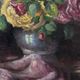Oil on canvas bouquet of roses and drapery 20th century by R. Roque cerused frame