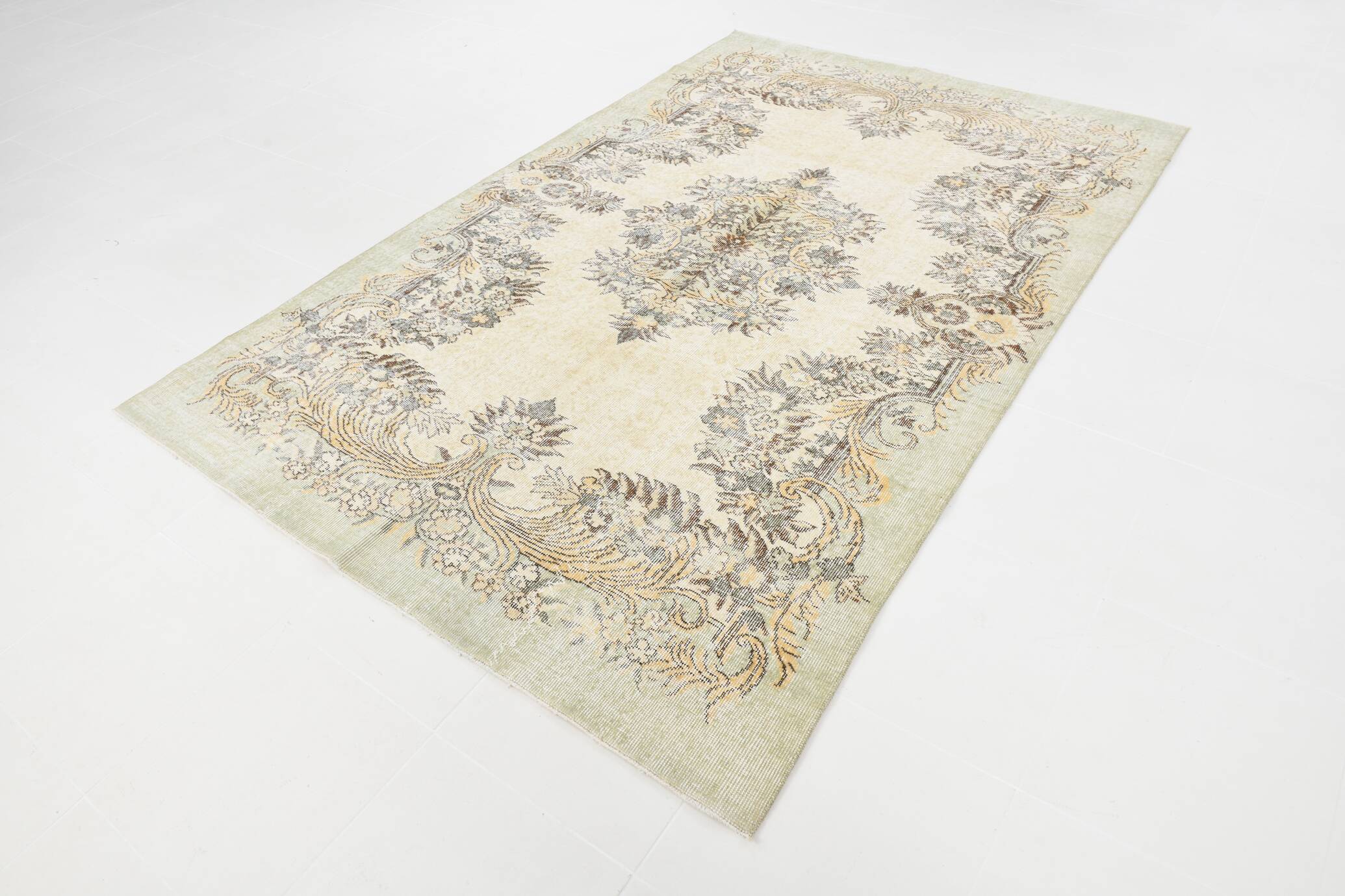 Light Green & Beige Handmade Wool Vintage Rug, 173x262 Cm