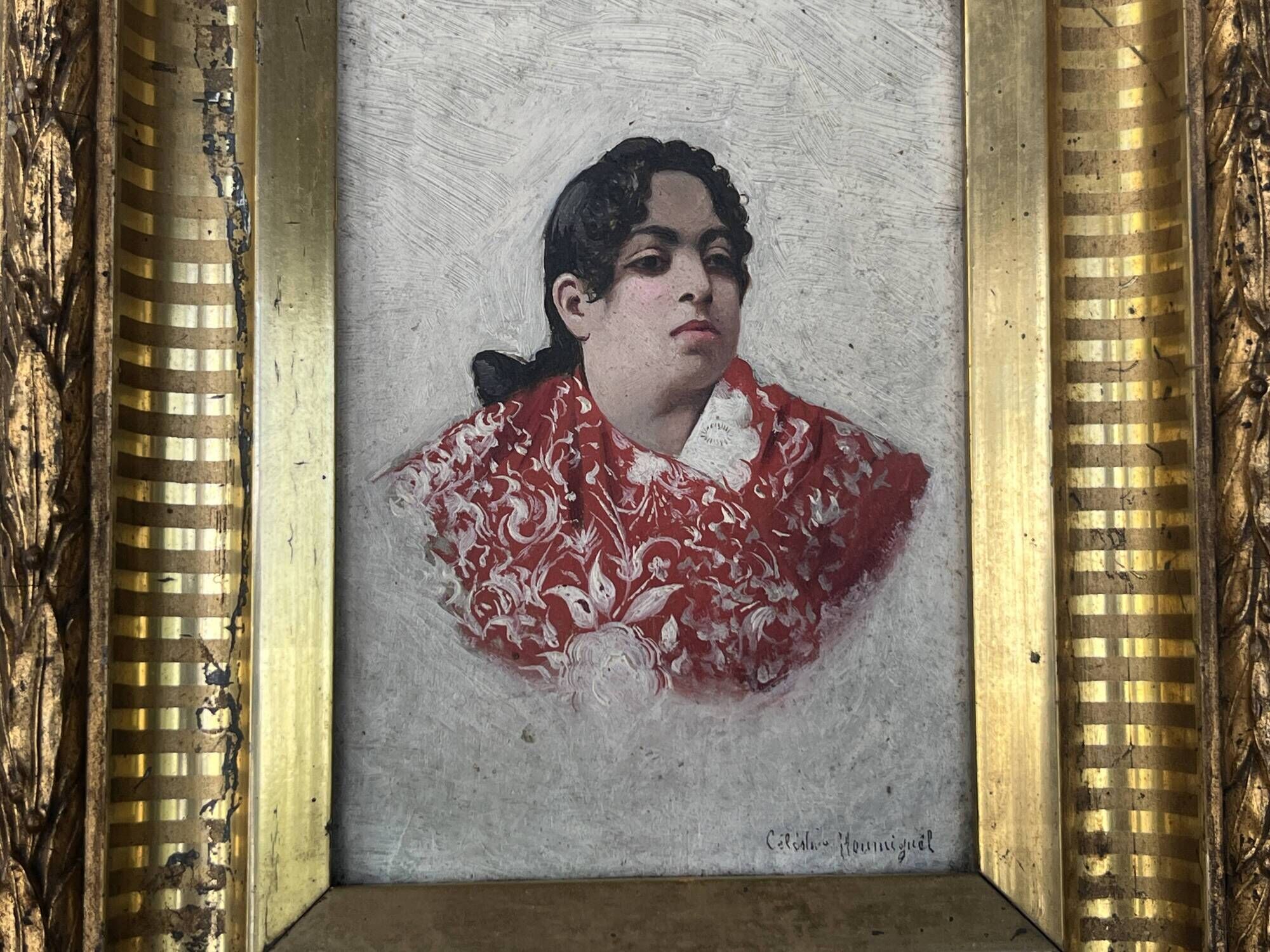 Old Table XIX Portrait of a Woman in Traditional Costume - Signed Célest