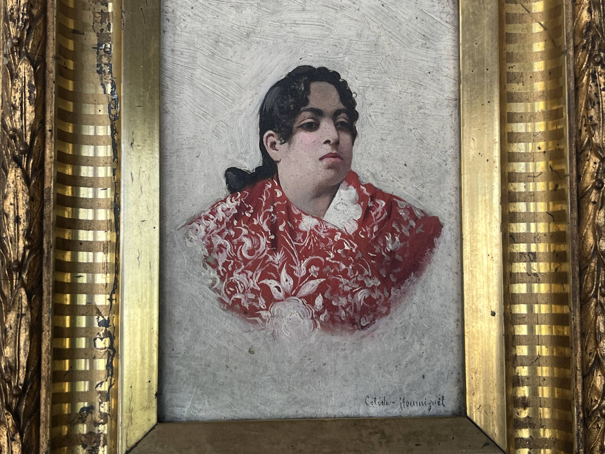 Old Table XIX Portrait of a Woman in Traditional Costume - Signed Célest