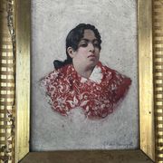 Old Table XIX Portrait of a Woman in Traditional Costume - Signed Célest