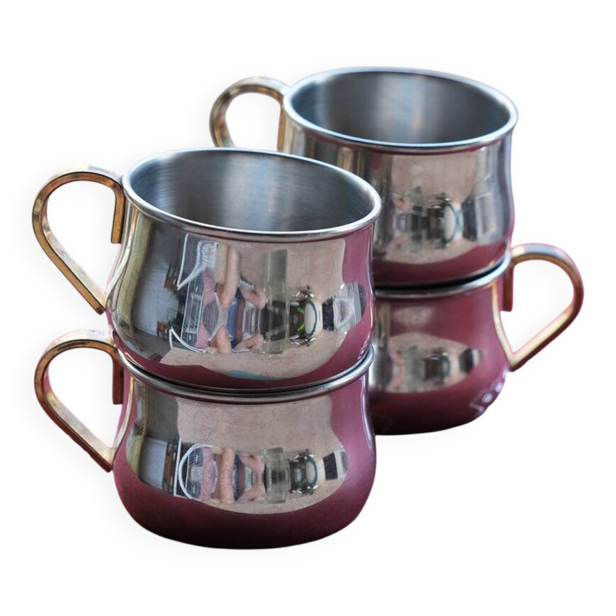 Stainless steel mugs x4, golden handle, vintage Italian craftsmanship.