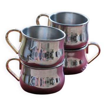 Stainless steel mugs x4, golden handle, vintage Italian craftsmanship.
