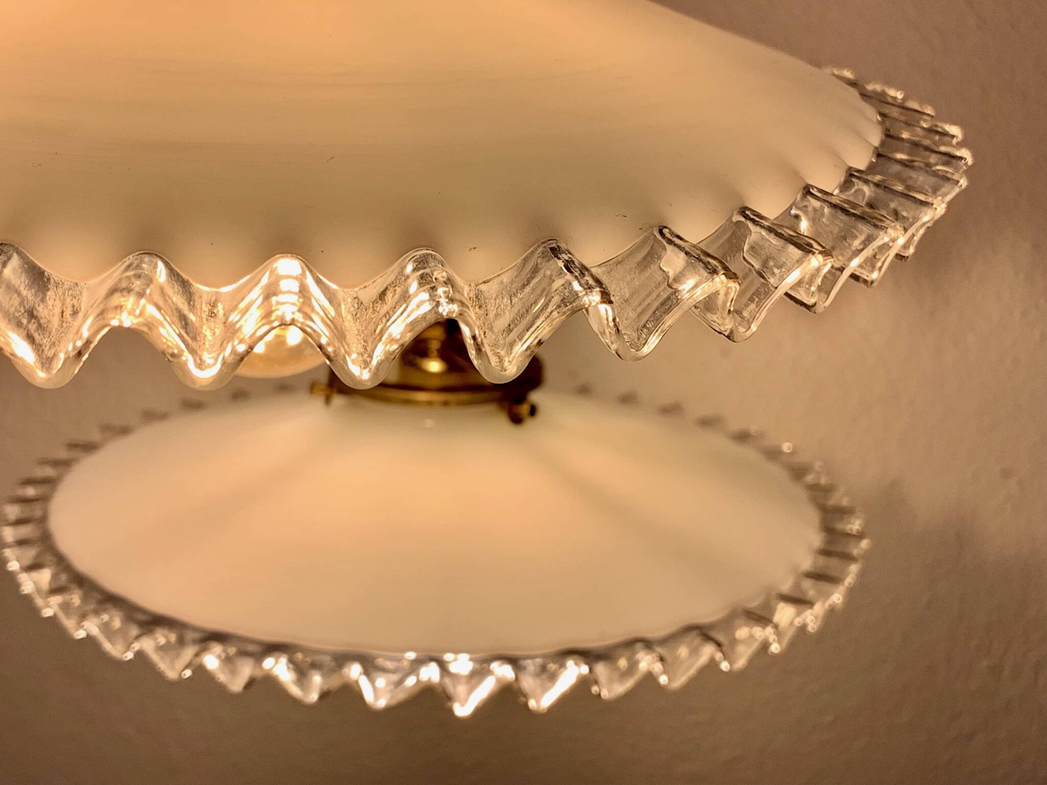 Pair of bistro pendant lights in serrated opaline