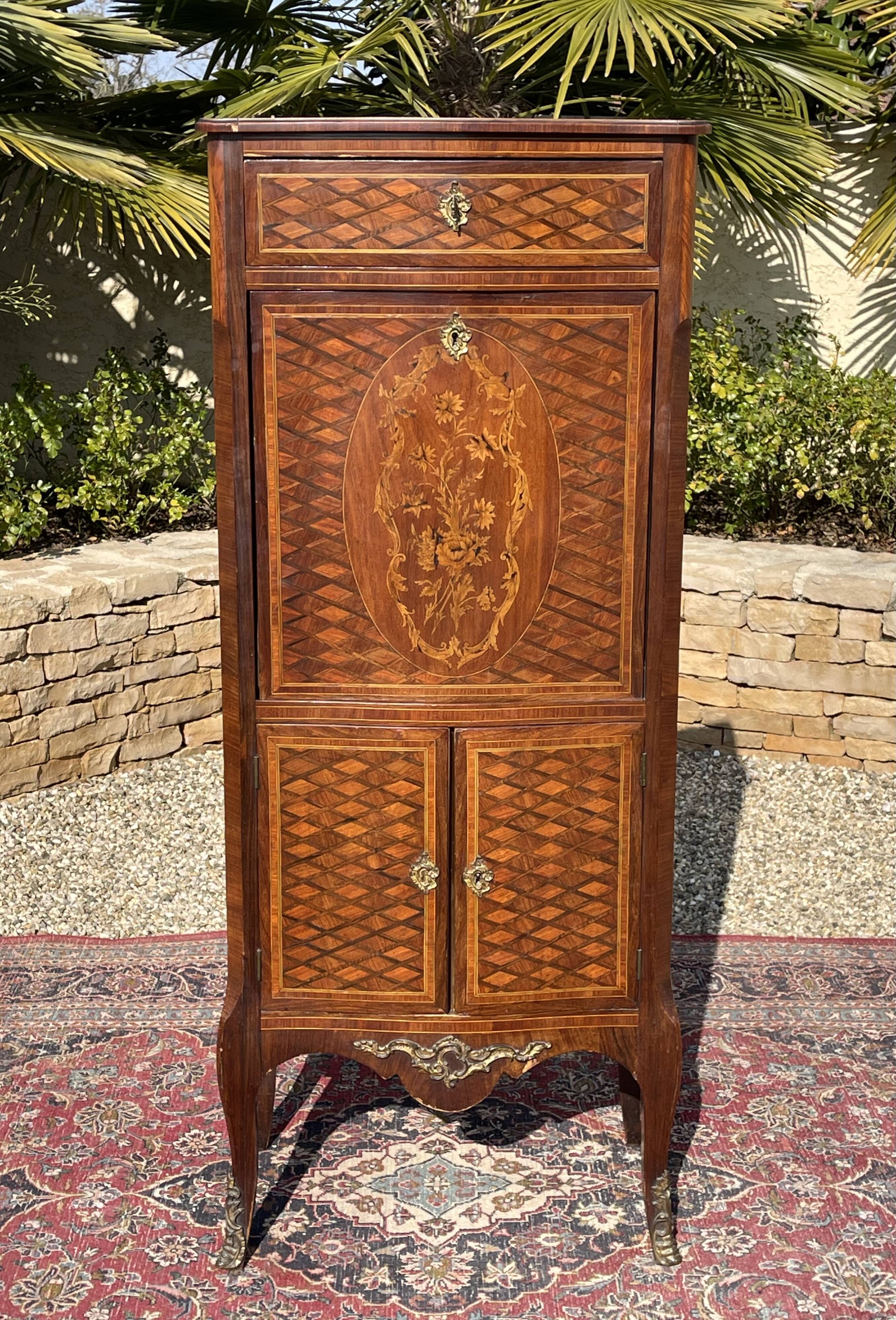 Small secretary in Marquetry of Losanges and Bronze