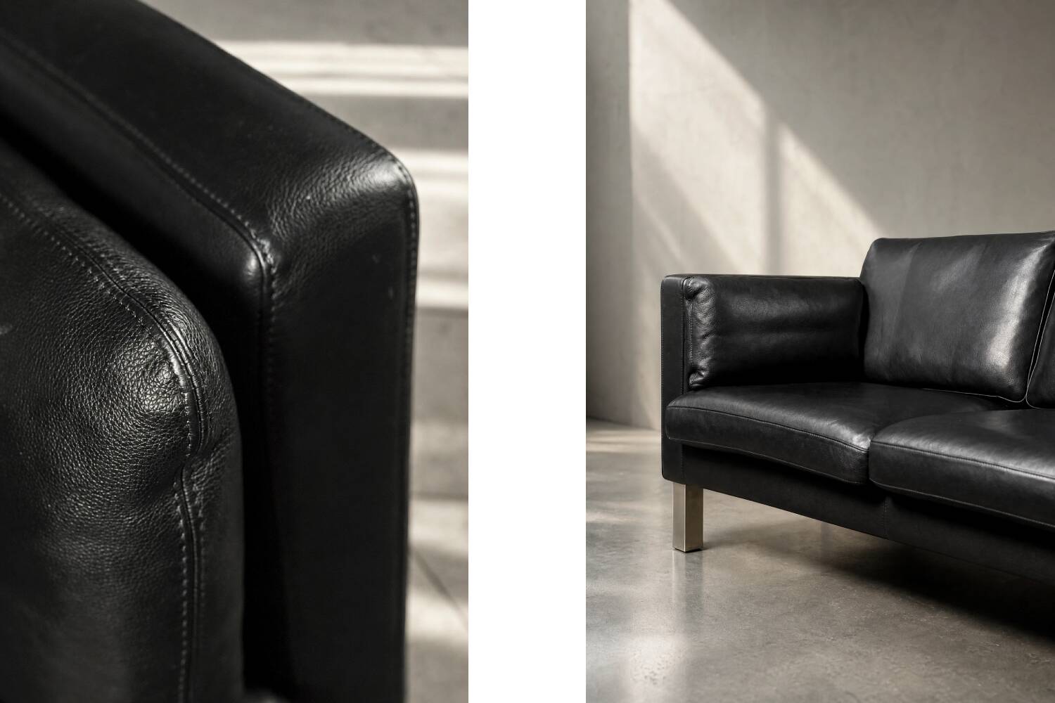 Vintage Mid-Century Danish Modern Two-Seater Black Leather Sofa, 1970s