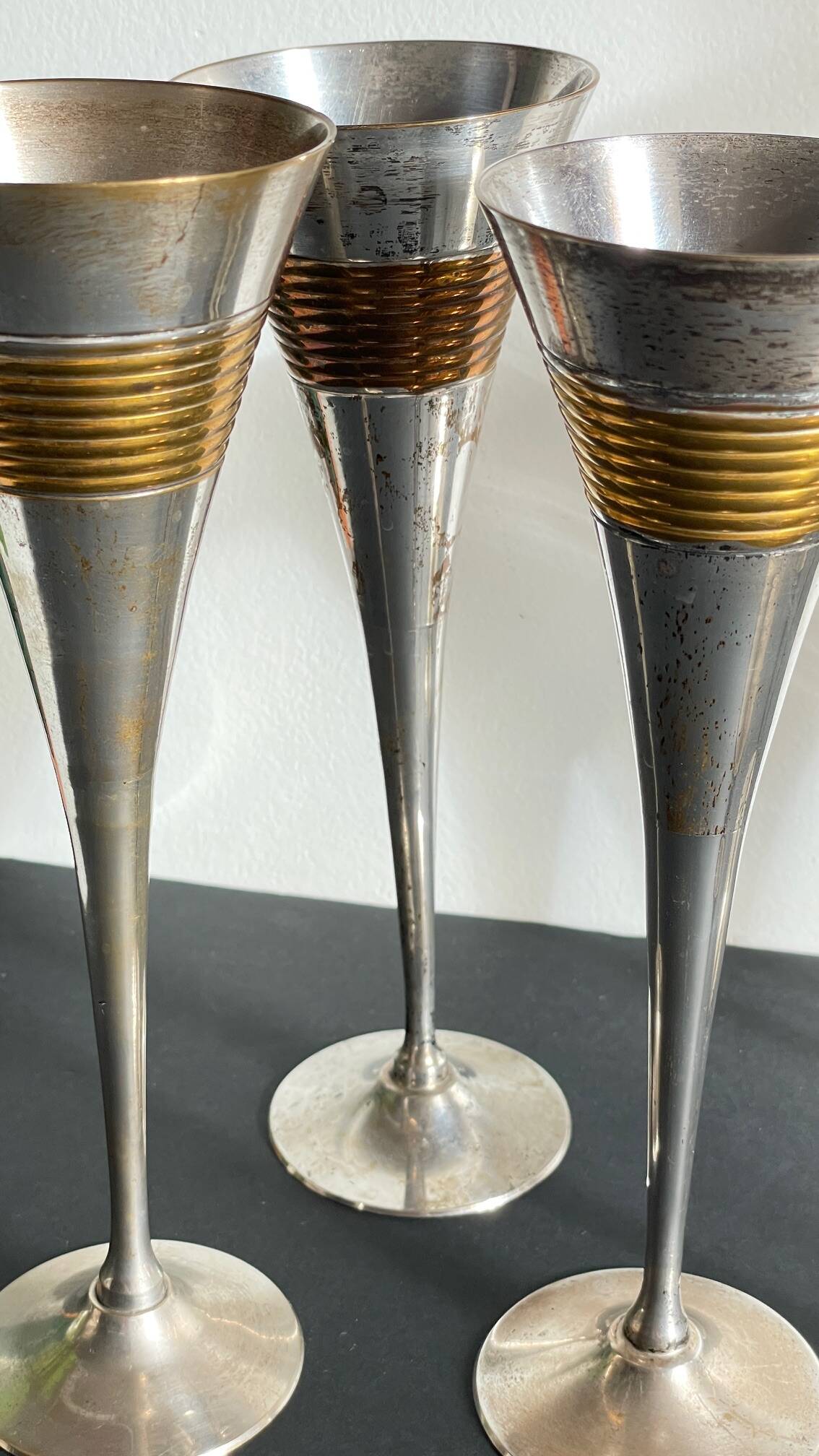 6 Vintage Silver-Plated Brass Champagne Flutes