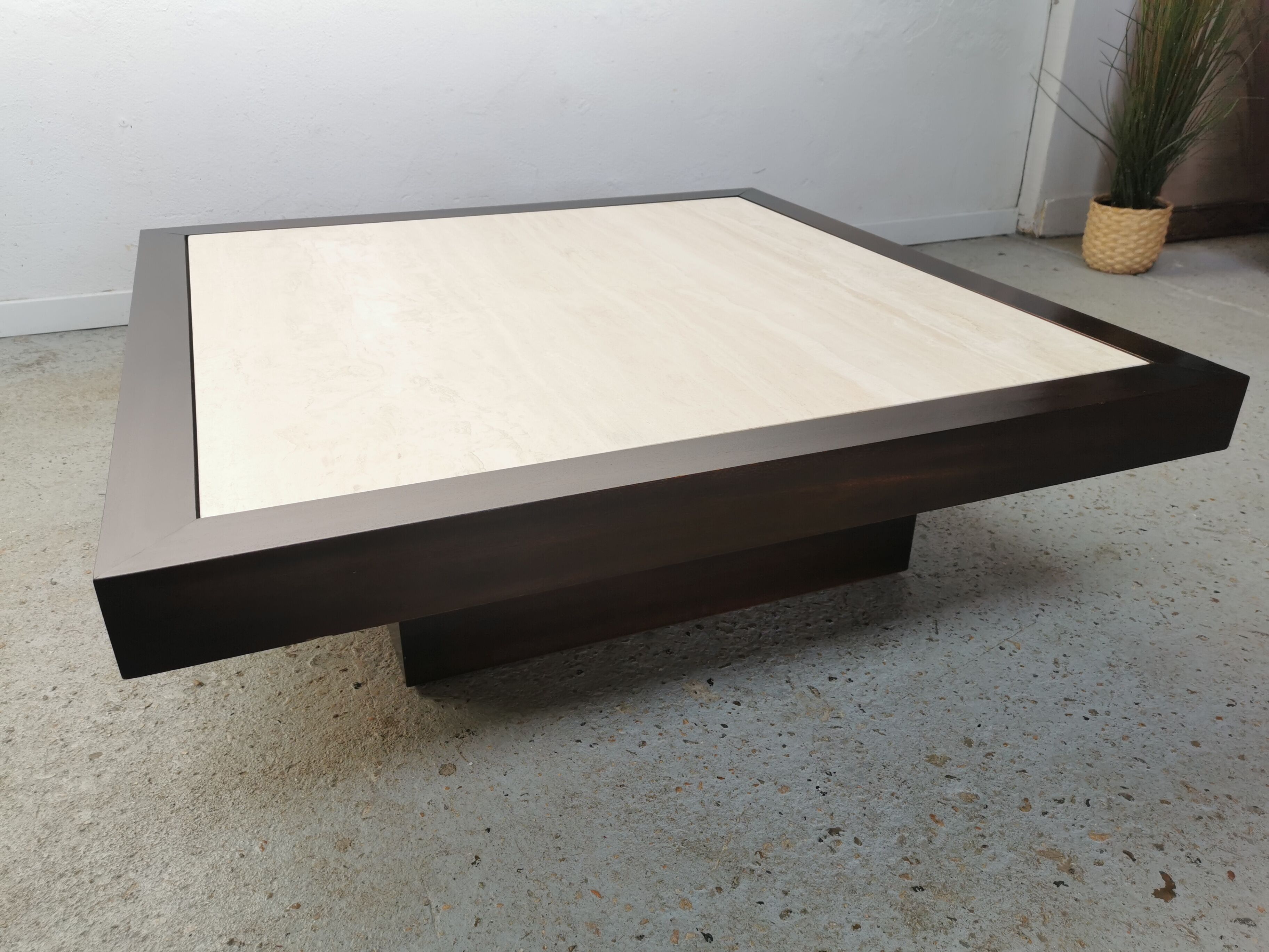 Table basse vintage travertin et bois design 1970