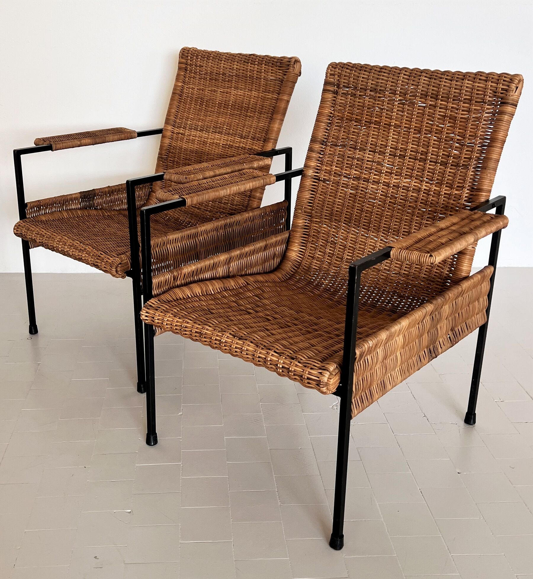Rattan wicker and iron lounge chairs, set of 4