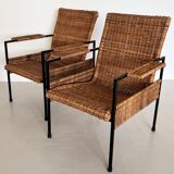 Rattan wicker and iron lounge chairs, set of 4