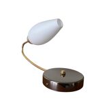 Swan neck wall light in brass and white opaline glass tulip.