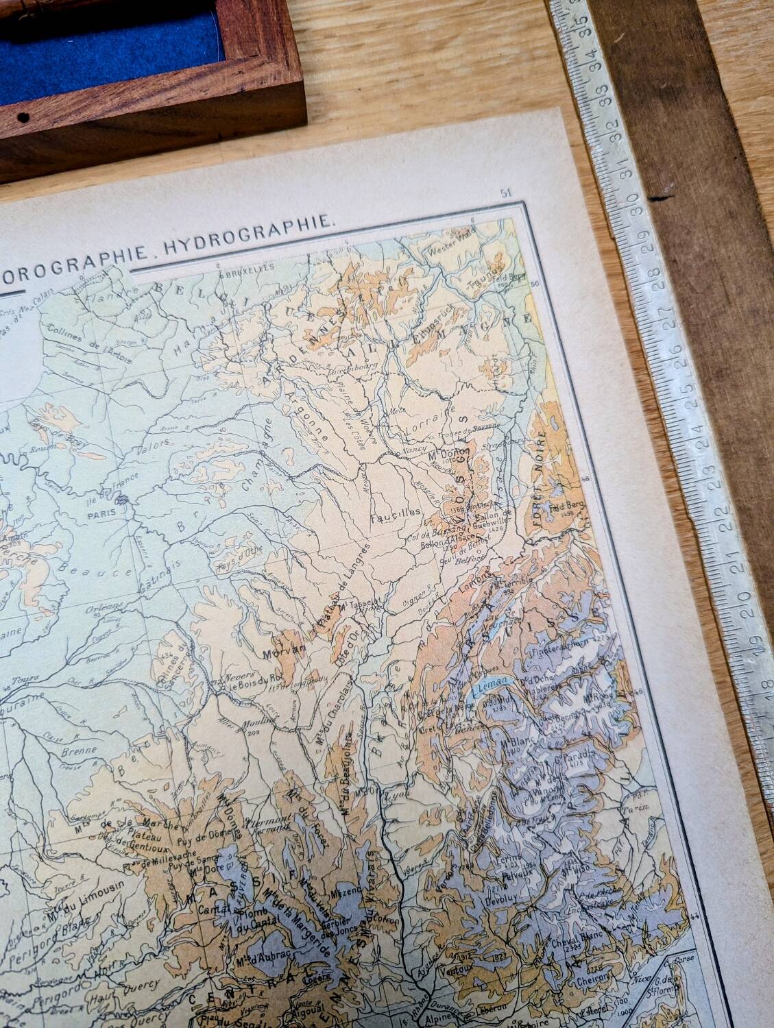 Physical map of France, original printed in 1896