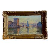 Oil on canvas sunset on the port of marseille by emile boisselet xxth