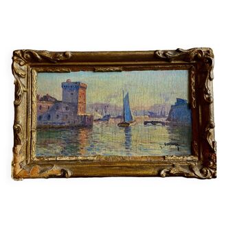 Oil on canvas sunset on the port of marseille by emile boisselet xxth
