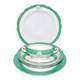 Paris porcelain set of 3 plates and a sauce boat with green border and gold monogram JC.