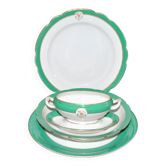 Paris porcelain set of 3 plates and a sauce boat with green border and gold monogram JC.