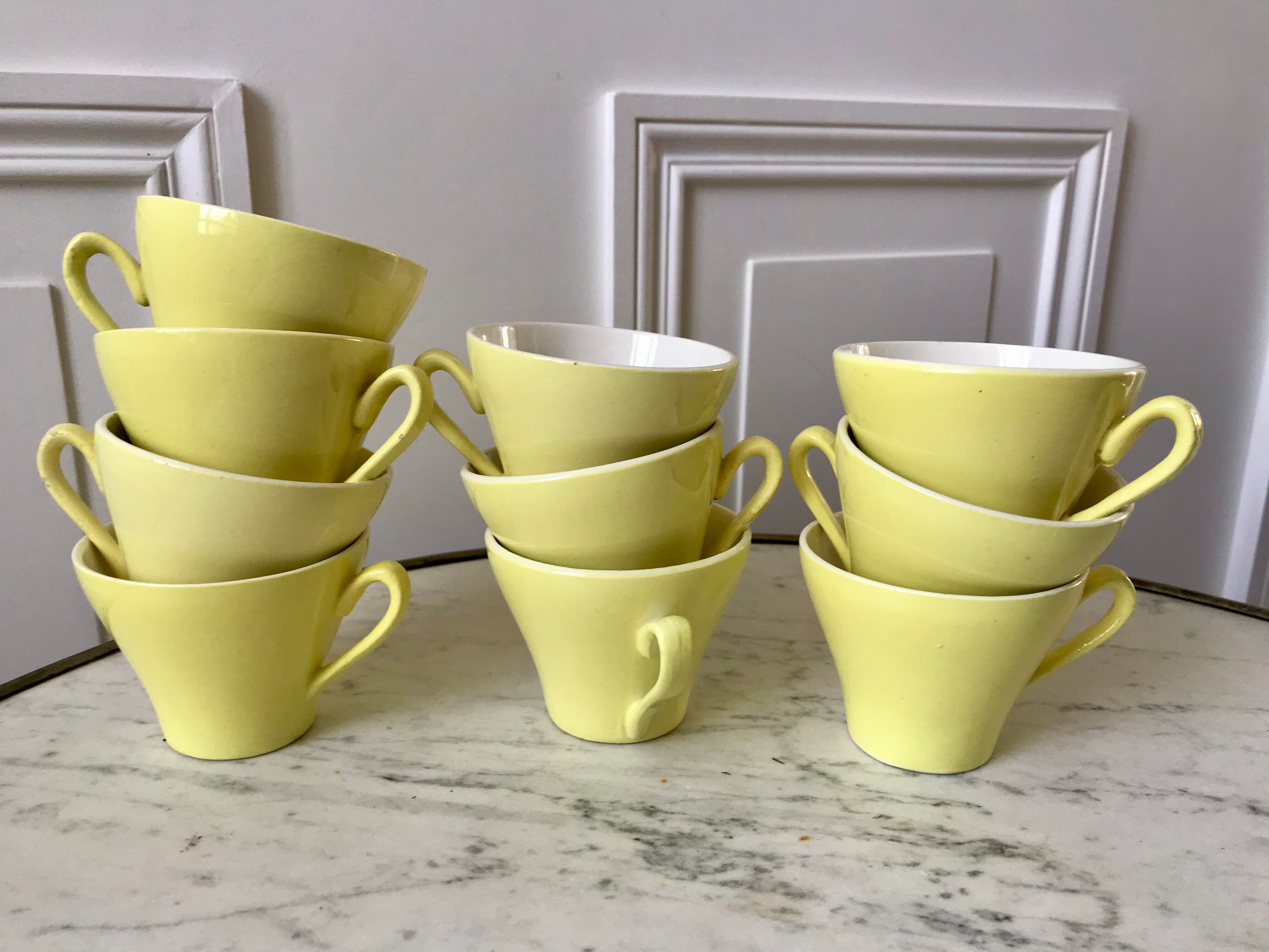 set of 10 coffee cups Digoin Sarreguemines pastel yellow color 50s