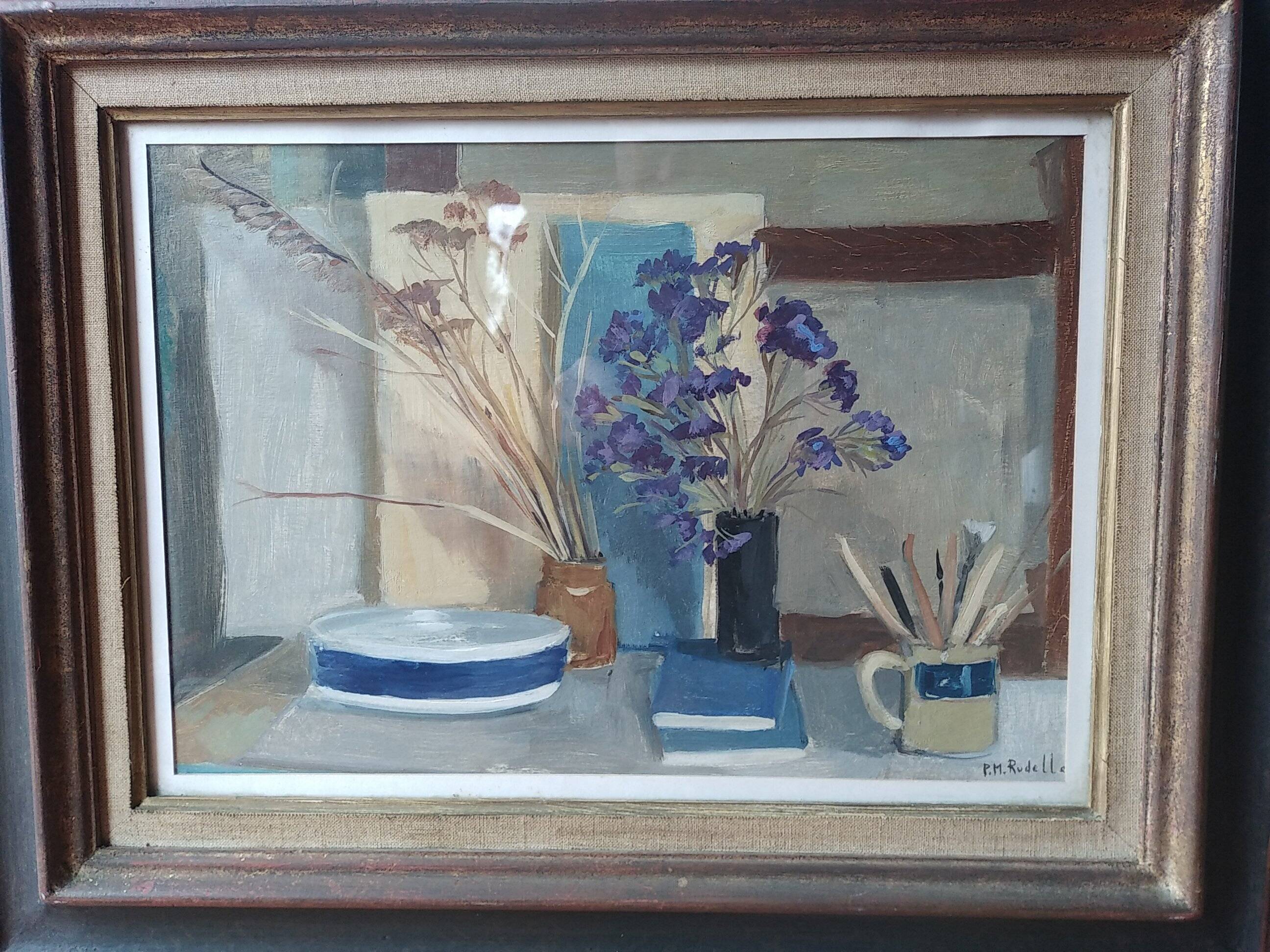 Pierre Marie Rudelle. Blue still life. Oil on cardboard.