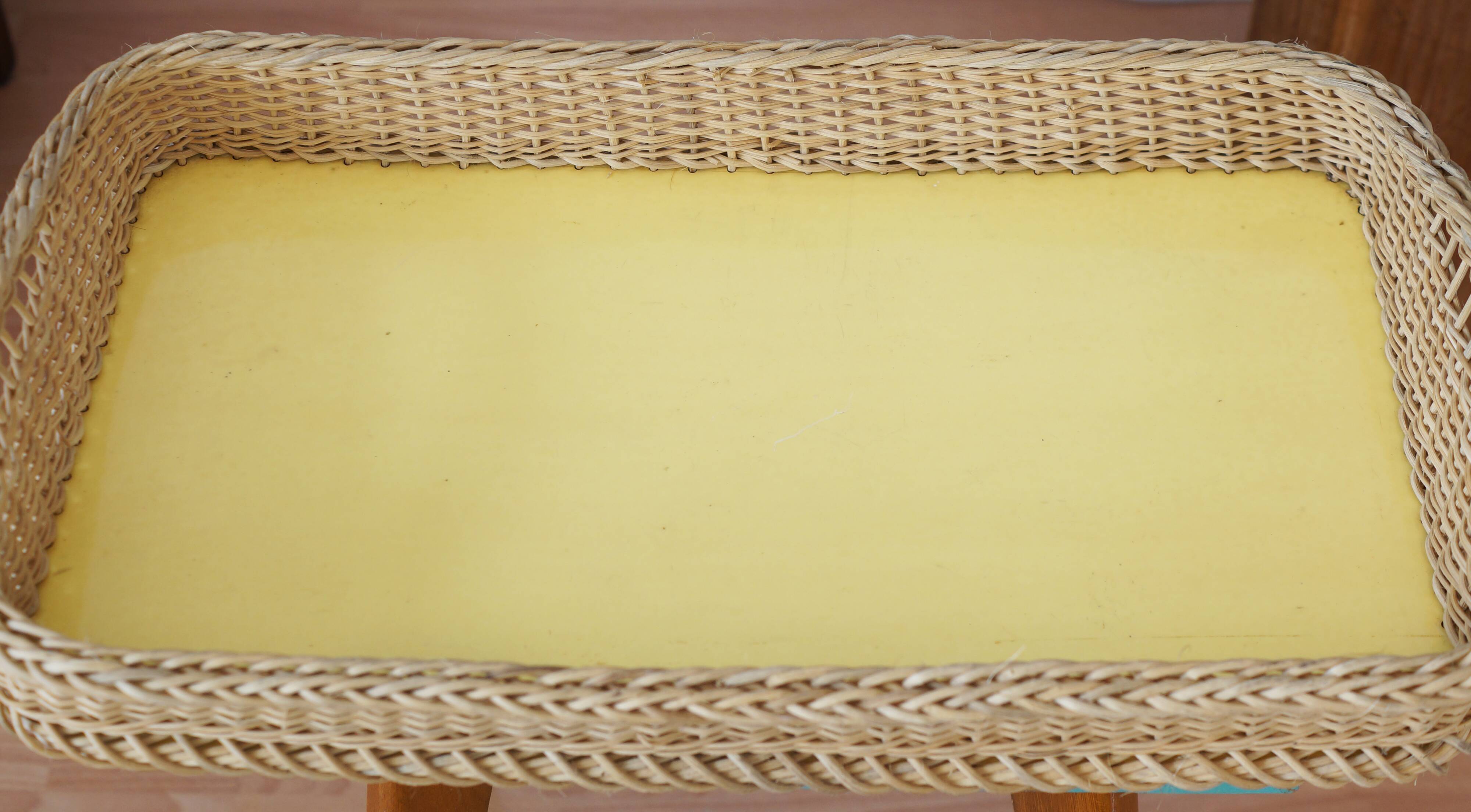 Wicker tray and yellow lacquered plywood, vintage