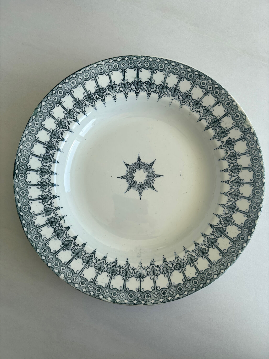 A deep plate in blue and green ironstone, antique French earthenware.