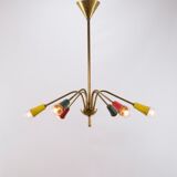 Multicolored vintage brass chandelier, 1950, 6 arms, 60cm in diameter
