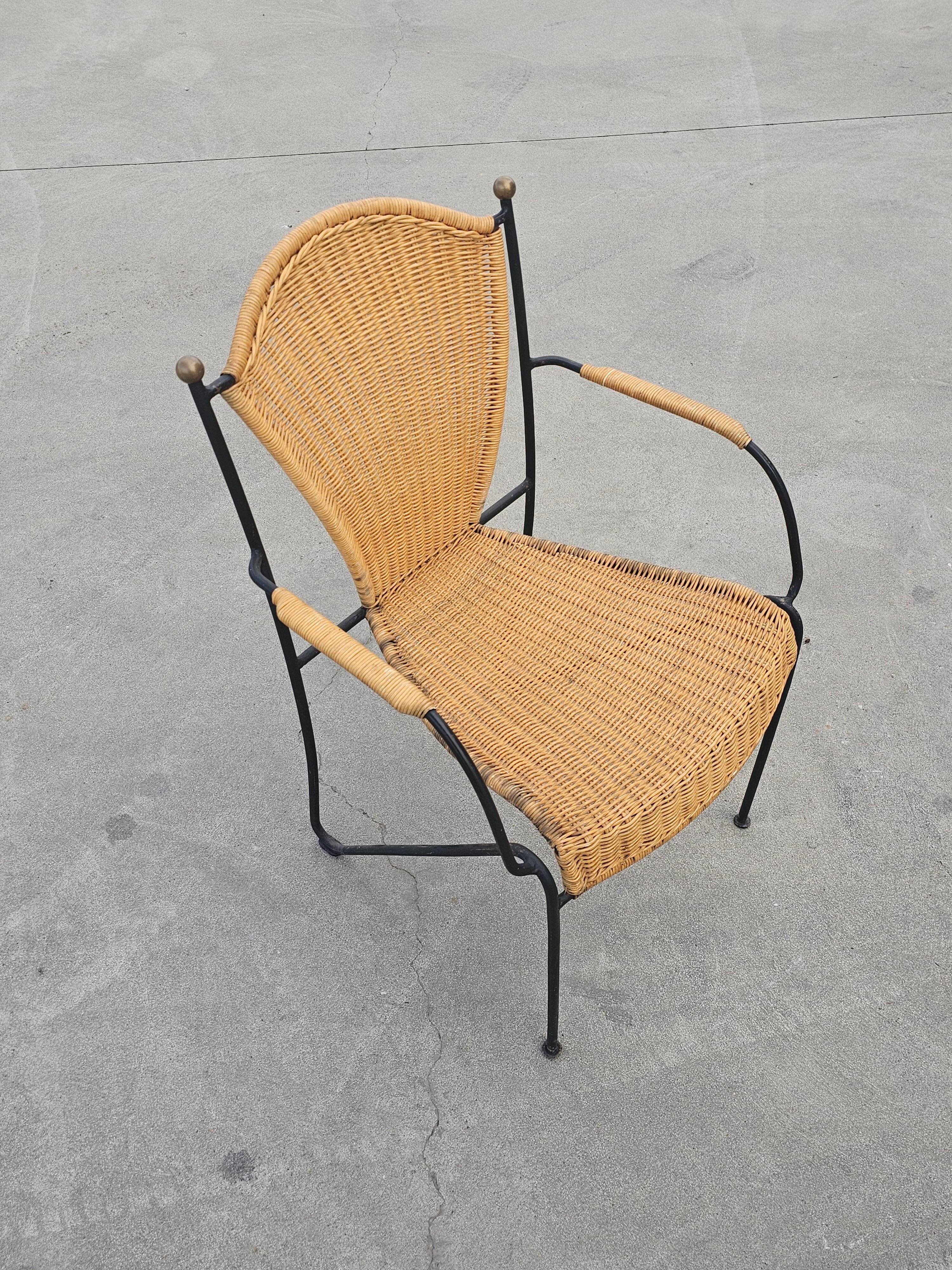 Mid-Century Chair by Frederic Weinberg in Rattan, Iron and Brass