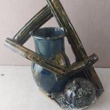 Old terracotta vase, pumpkin decoration, wood, to be identified