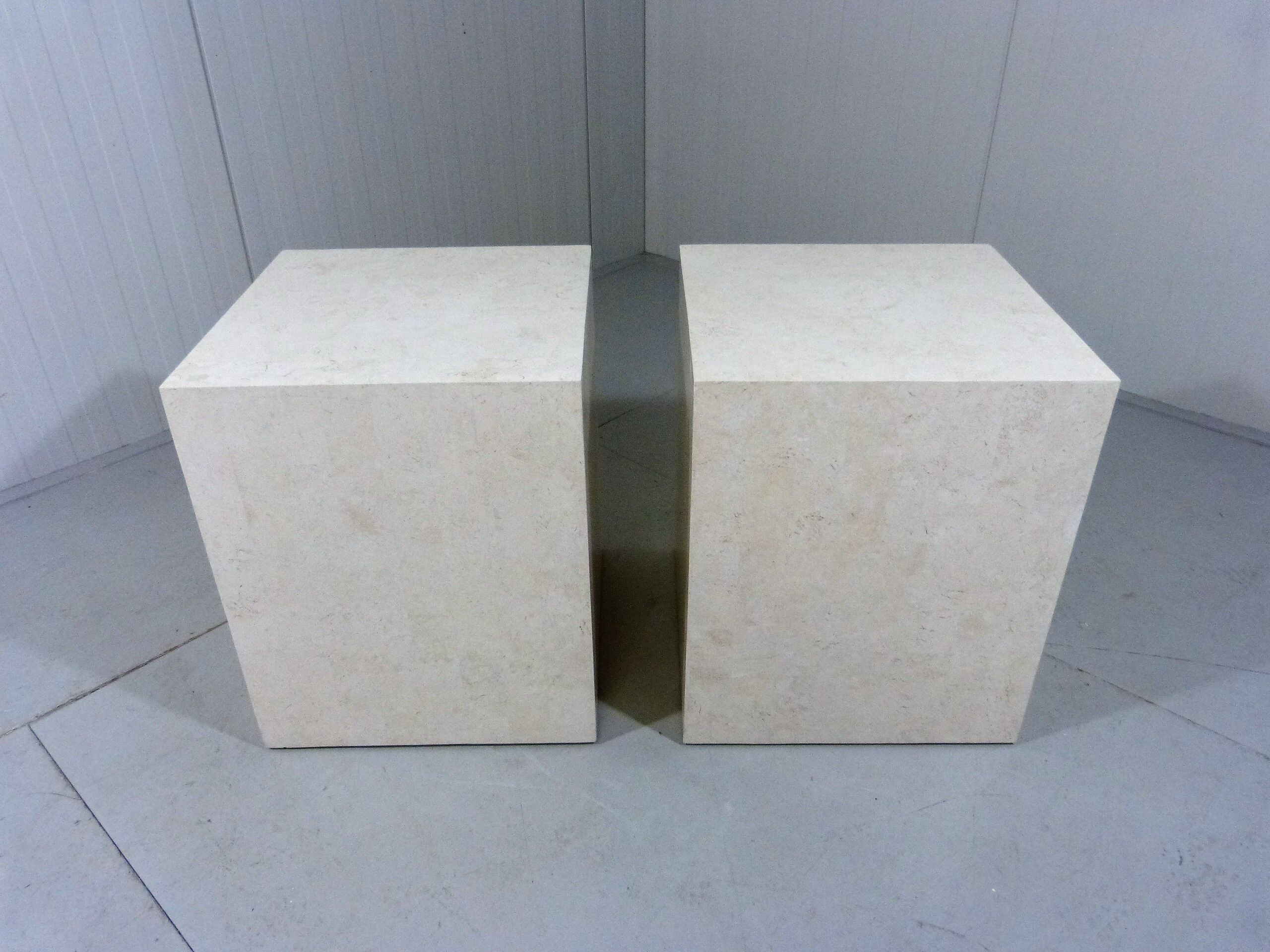 Set of 2 Italian travertine pedestals or side tables 1980’s