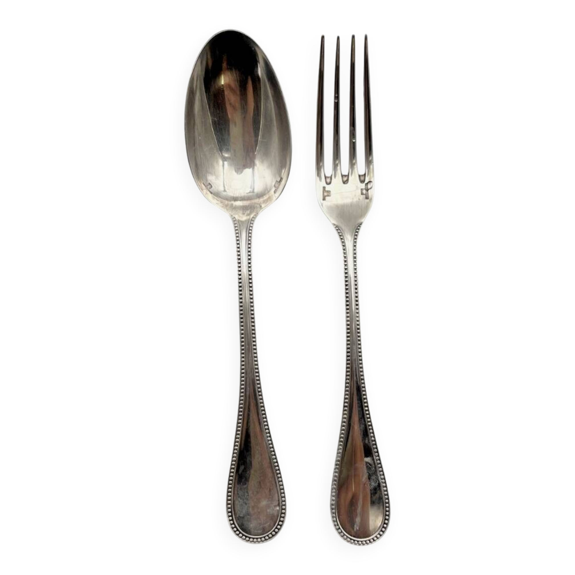 Christofle christening spoon and fork, Perle model, with case