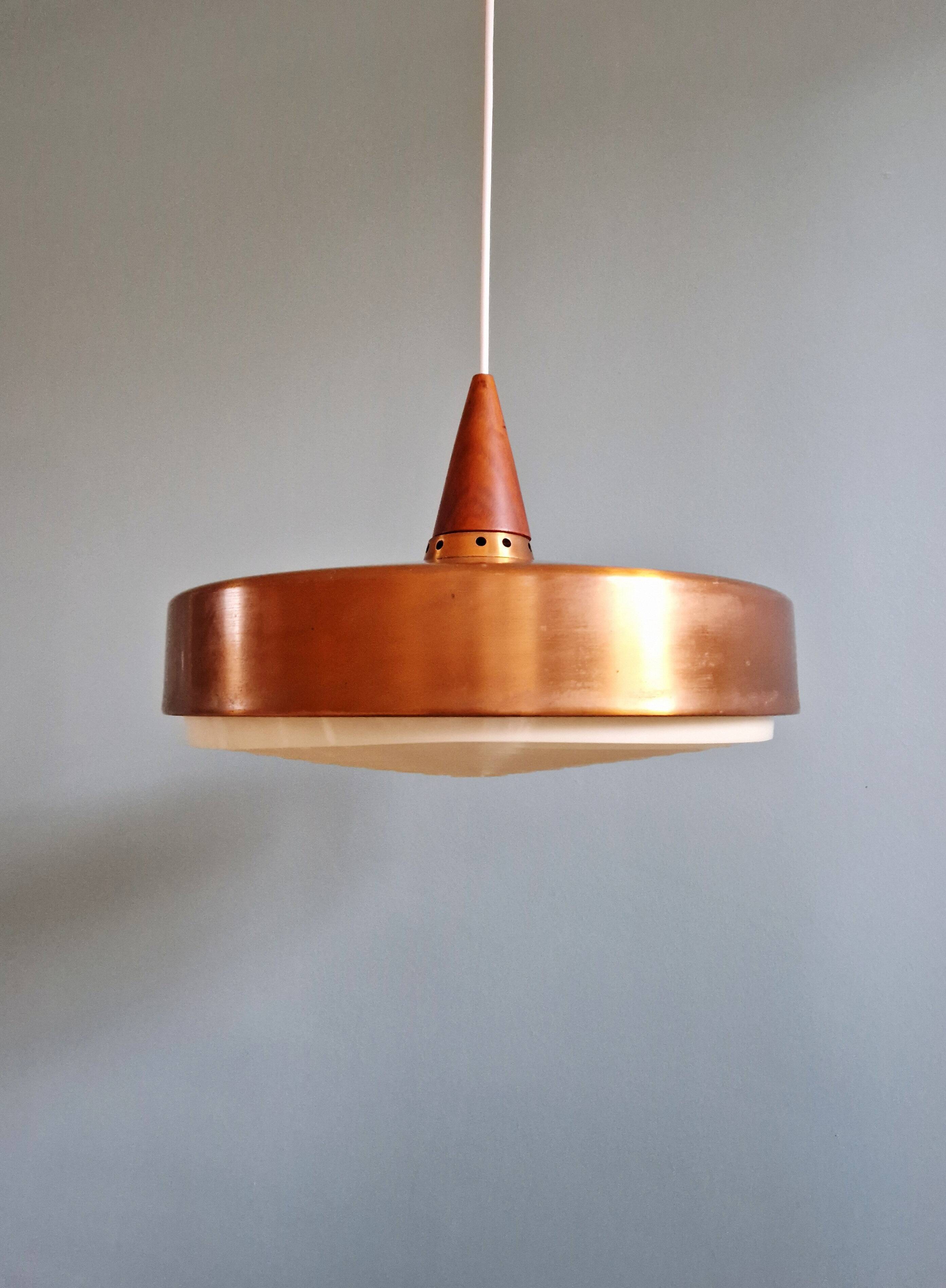 Scandinavian pendant light in copper and teak, 1960s