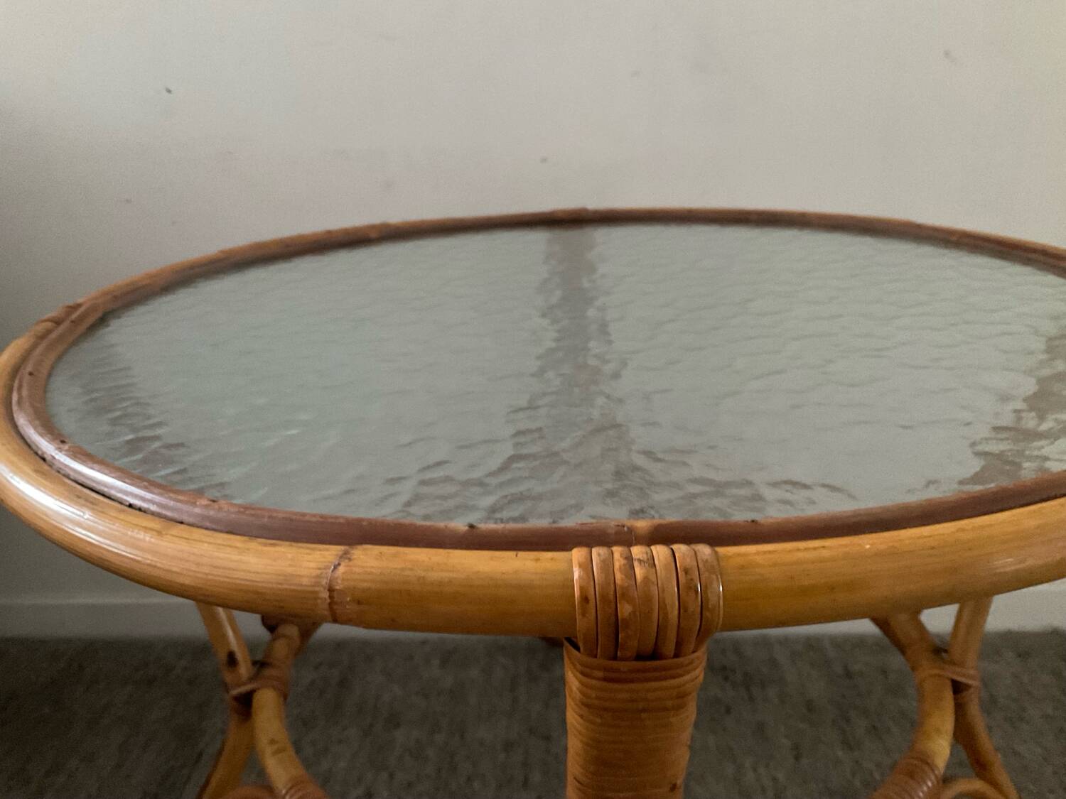 1960s rattan and glass coffee table