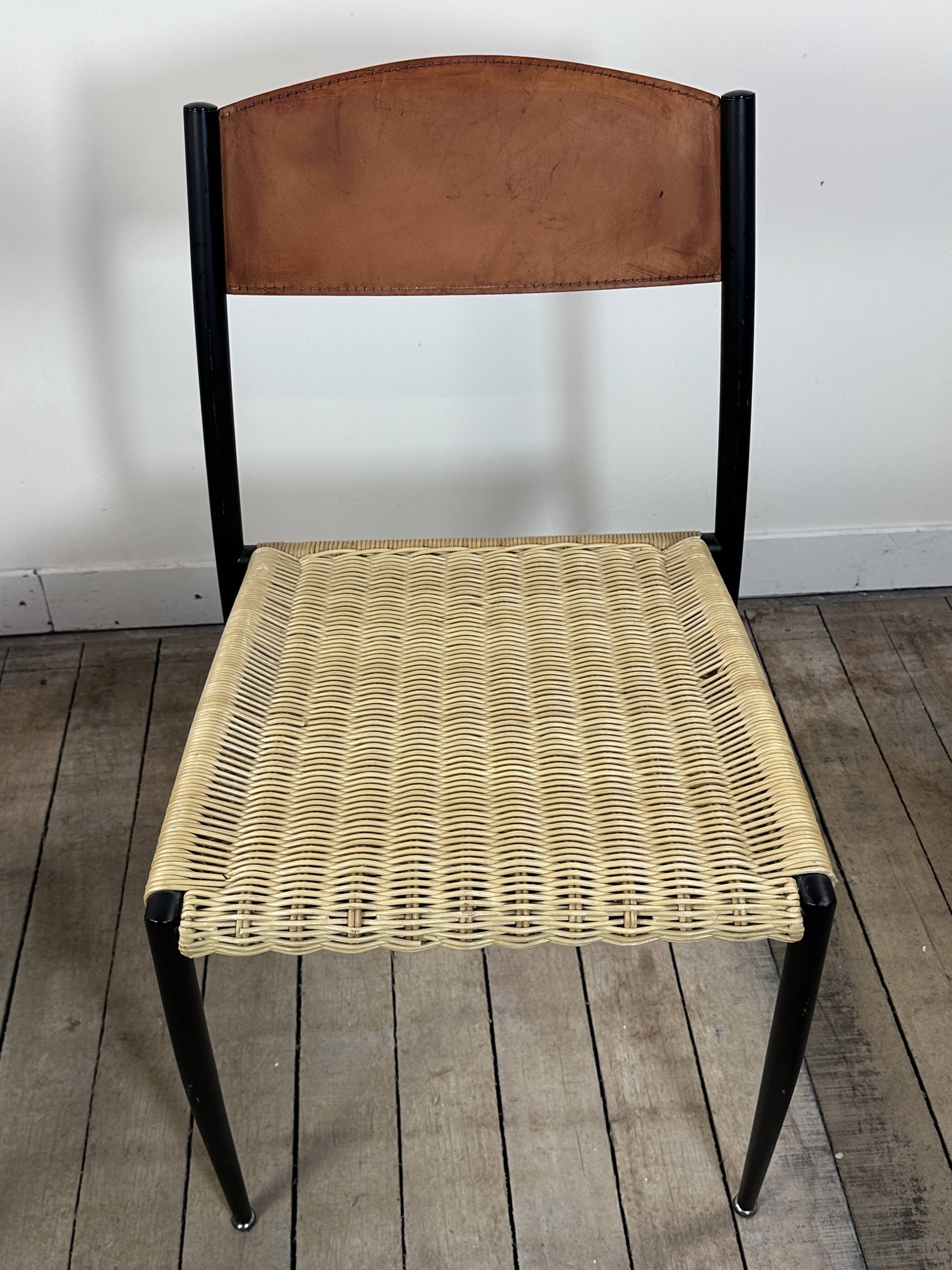 Chairs (set of 2) in metal, leather and straw 1960's
