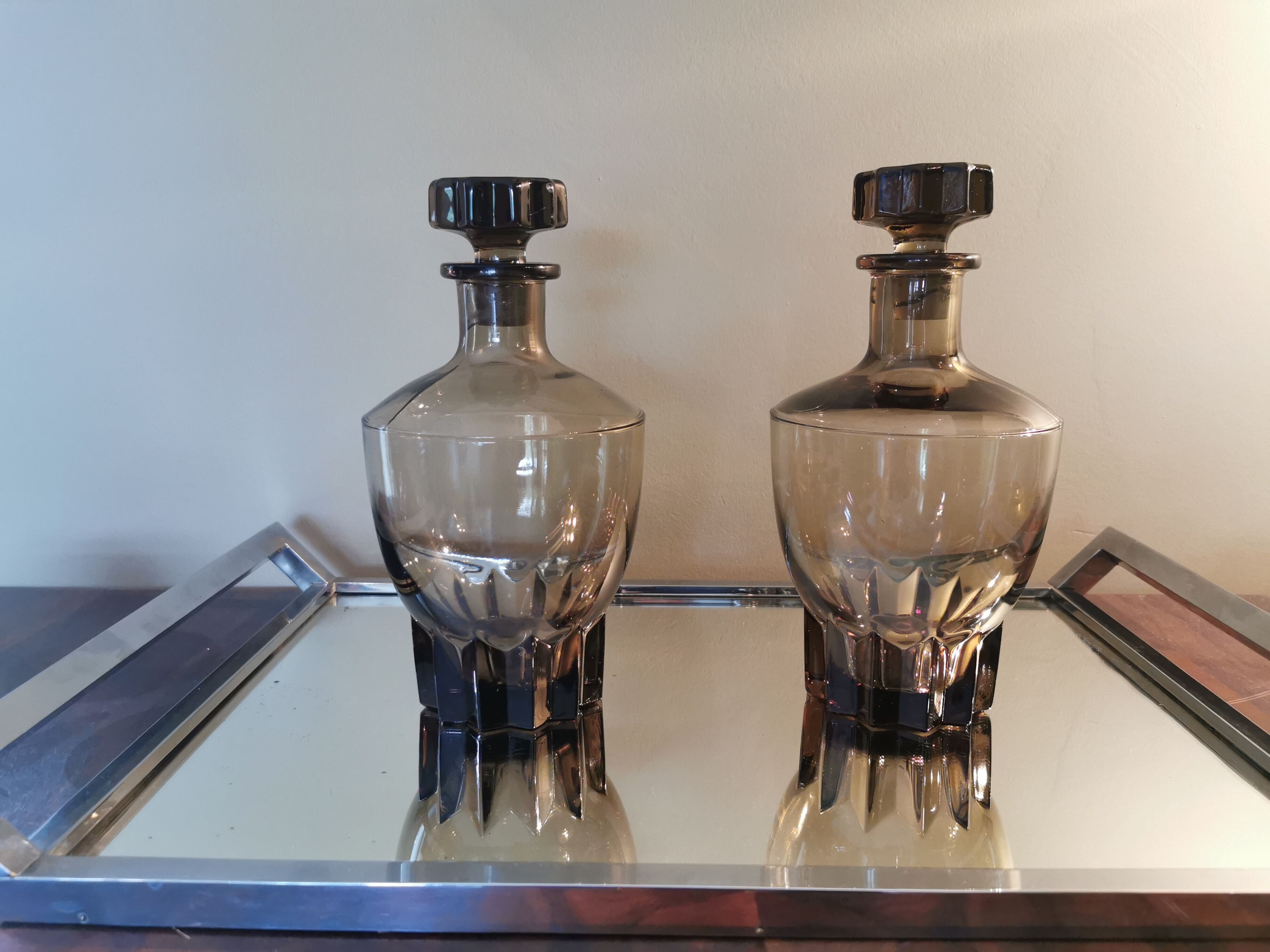 Pair of deco deco deco decanters smoked glass