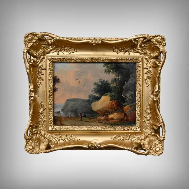 Painting "Path Leading to the Sea", oil on panel, in the style of Jean Pillement – late 19th century.