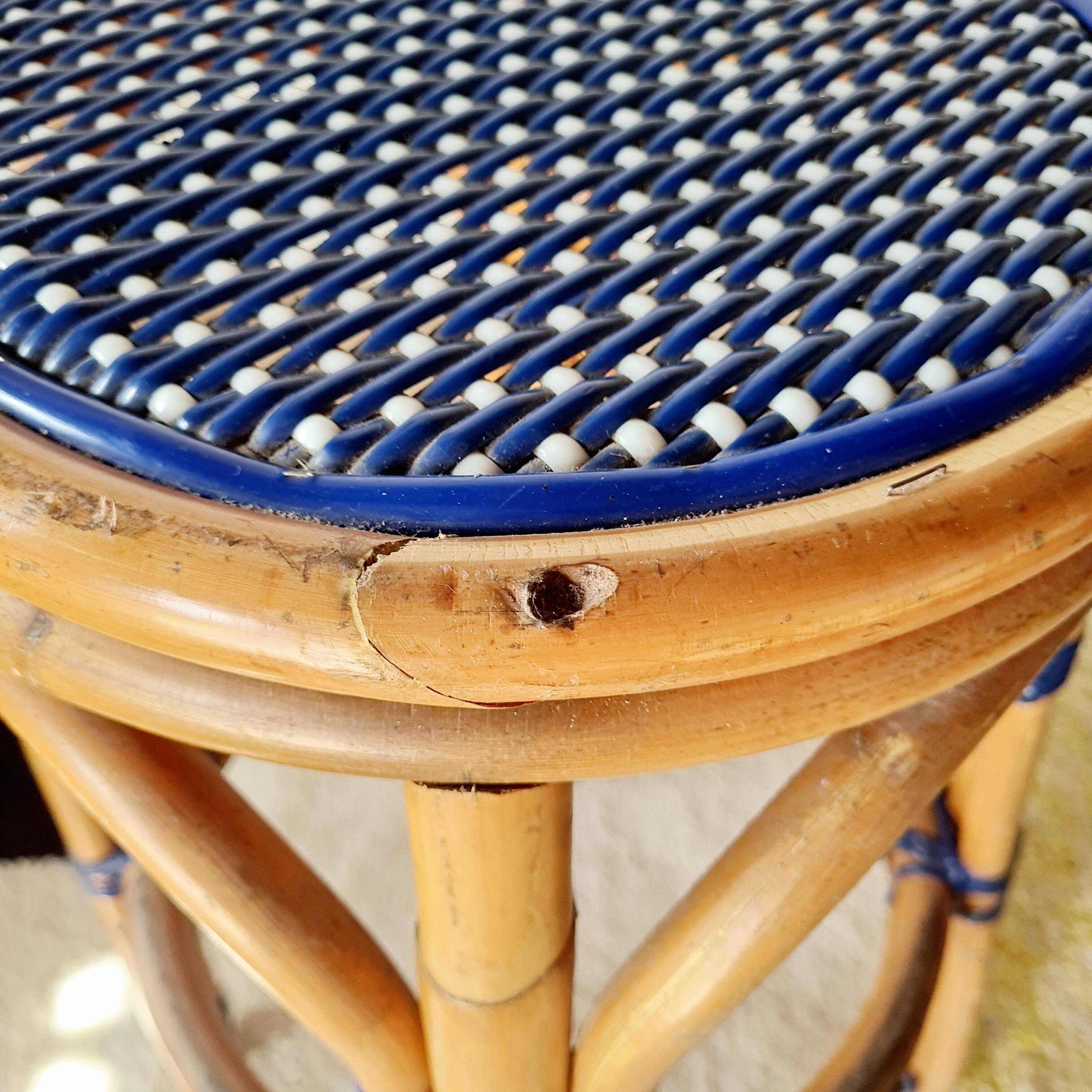 Vintage high stool Multicanne - Rattan & blue Rilsan - French