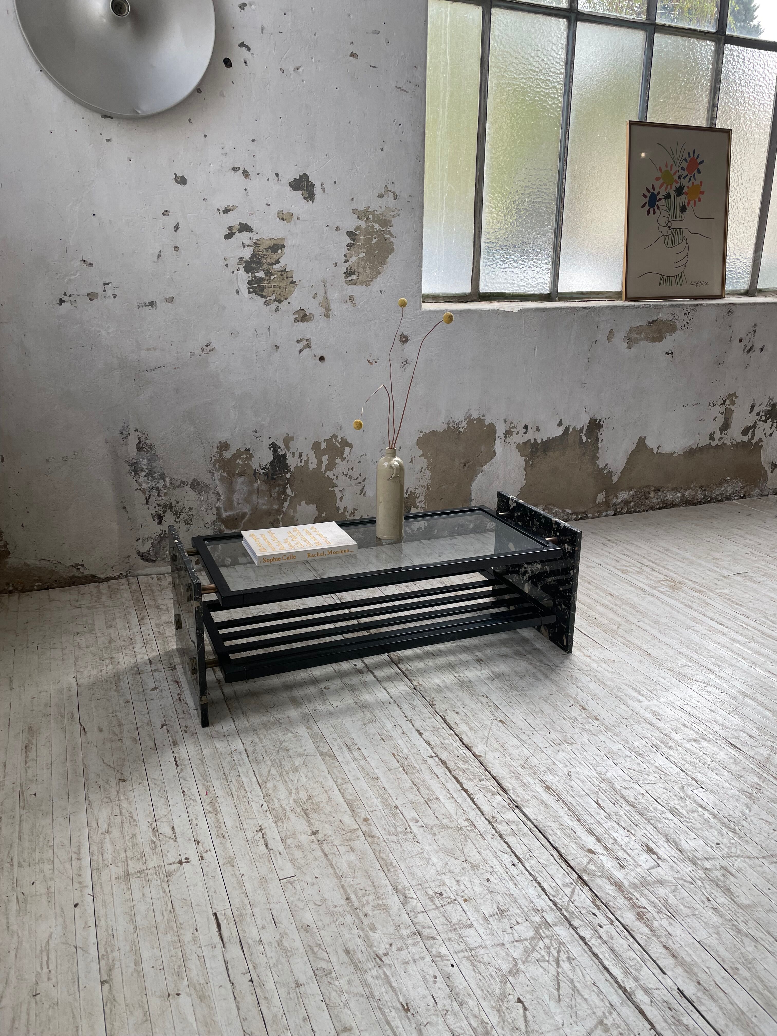 Coffee table year 80 Italian marble and glass