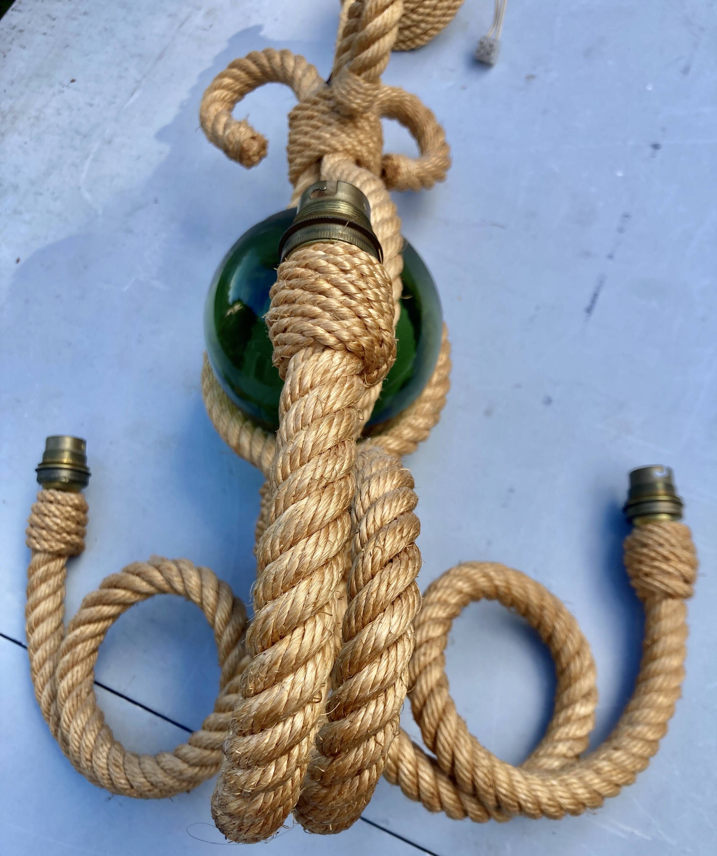 Audoux & Minet - vintage cord chandelier with 3 lights - France circa 1950