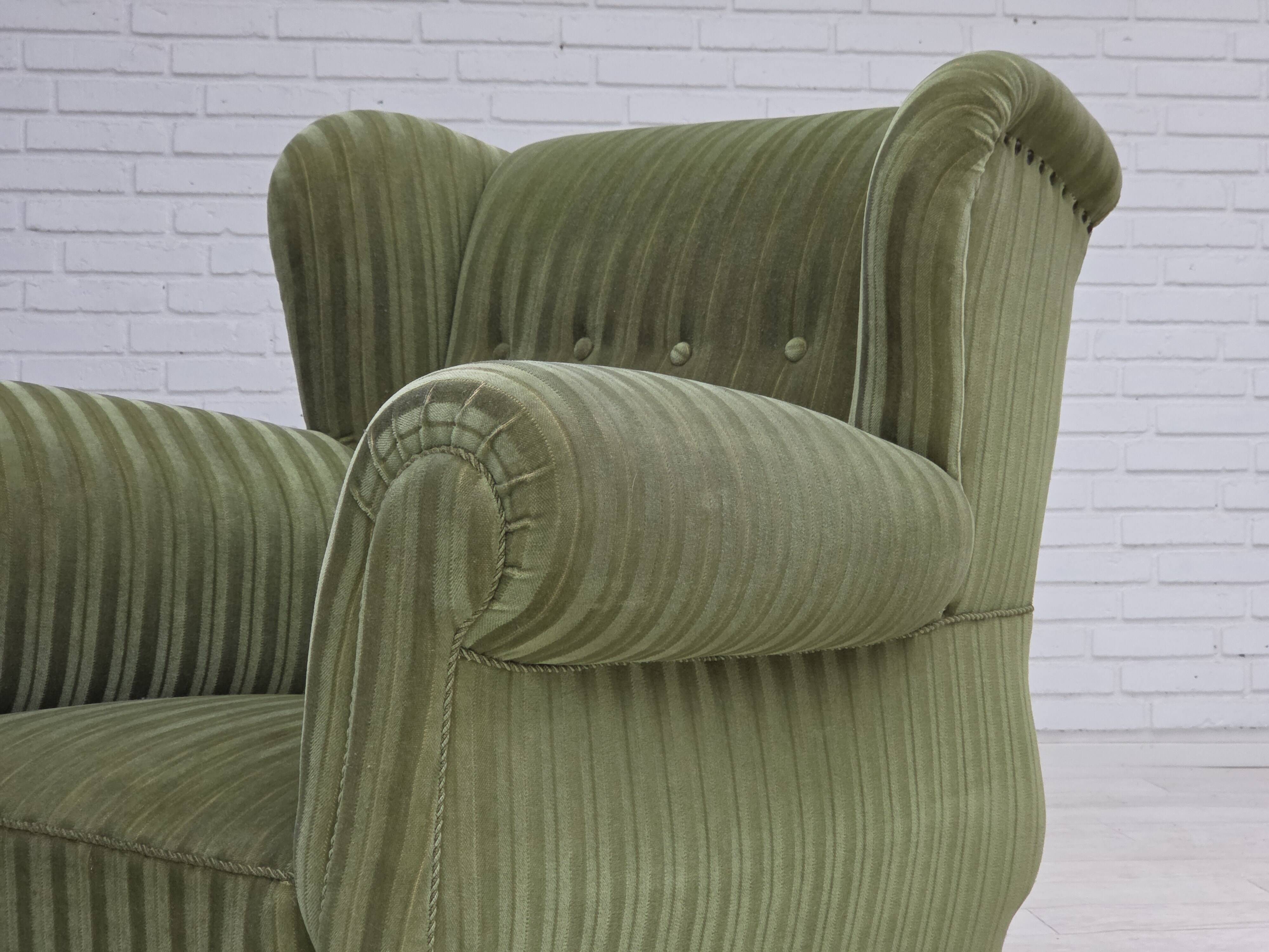 1950s, Danish relax armchair, green furniture velour fabric, ash wood legs.