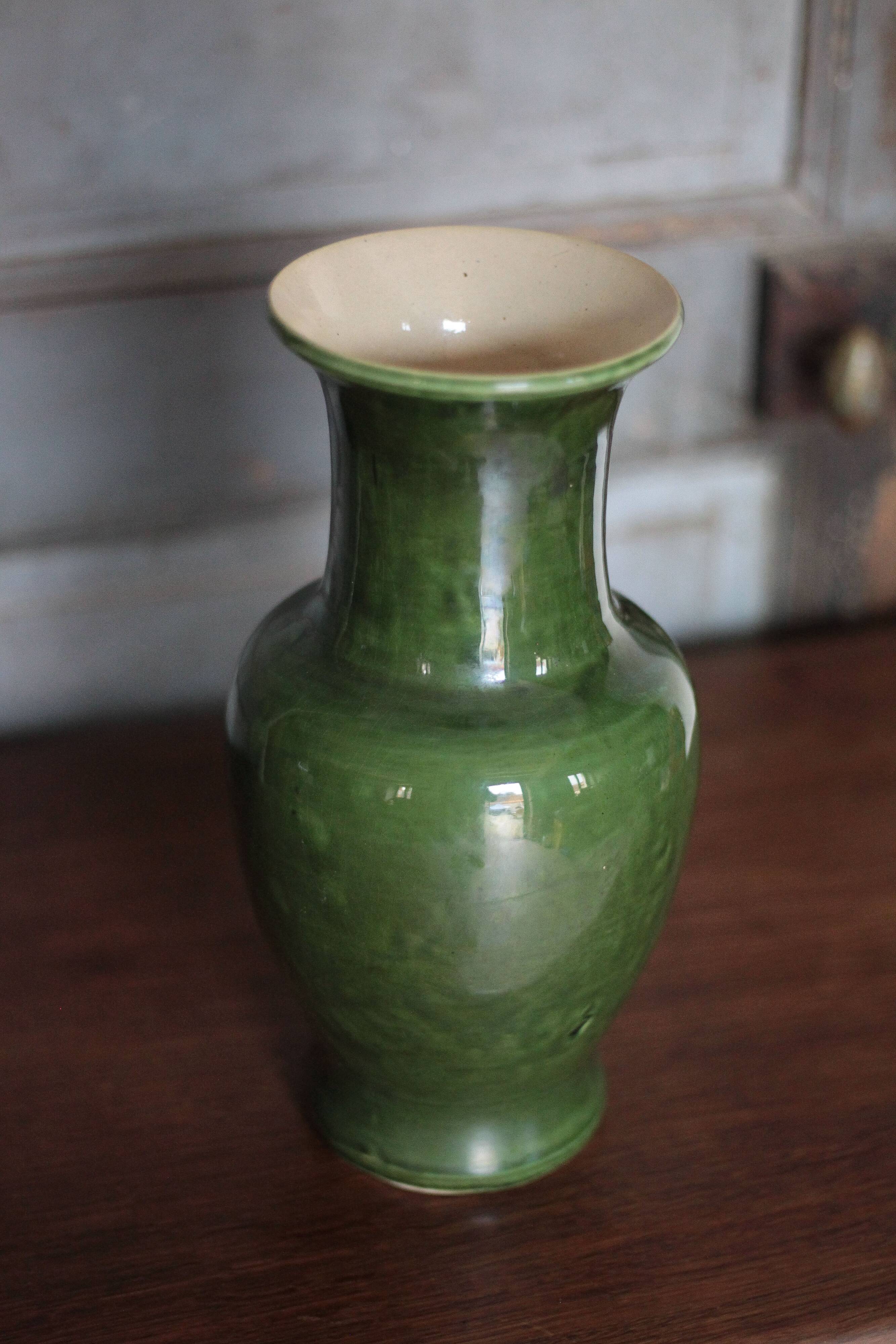 Green glazed ceramic vase, vintage baluster vase, flower pot