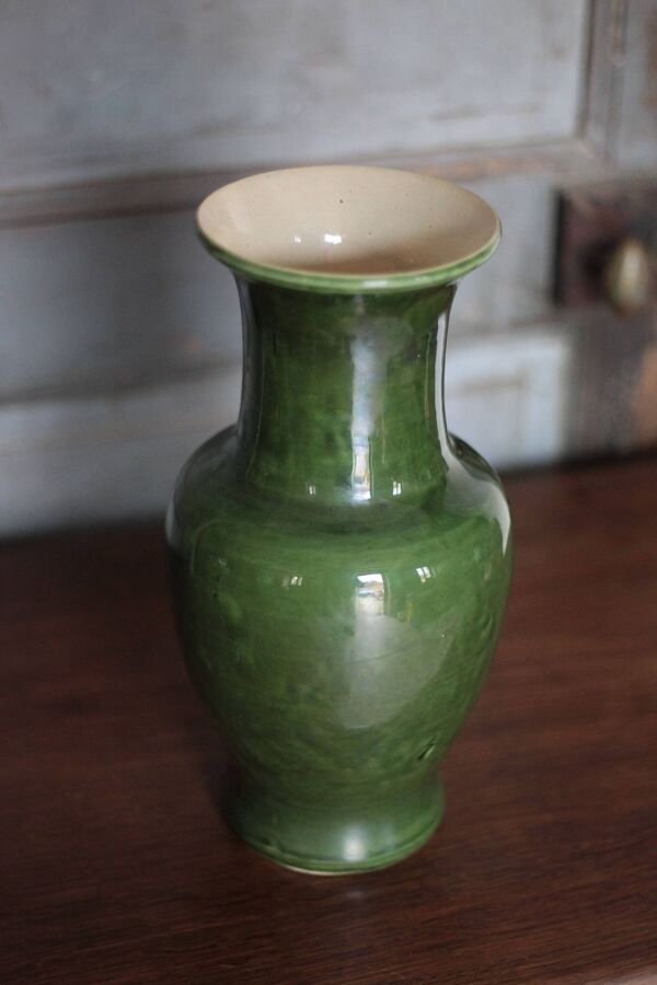 Vase céramique vernissé vert , vase balustre vintage, pot à fleurs