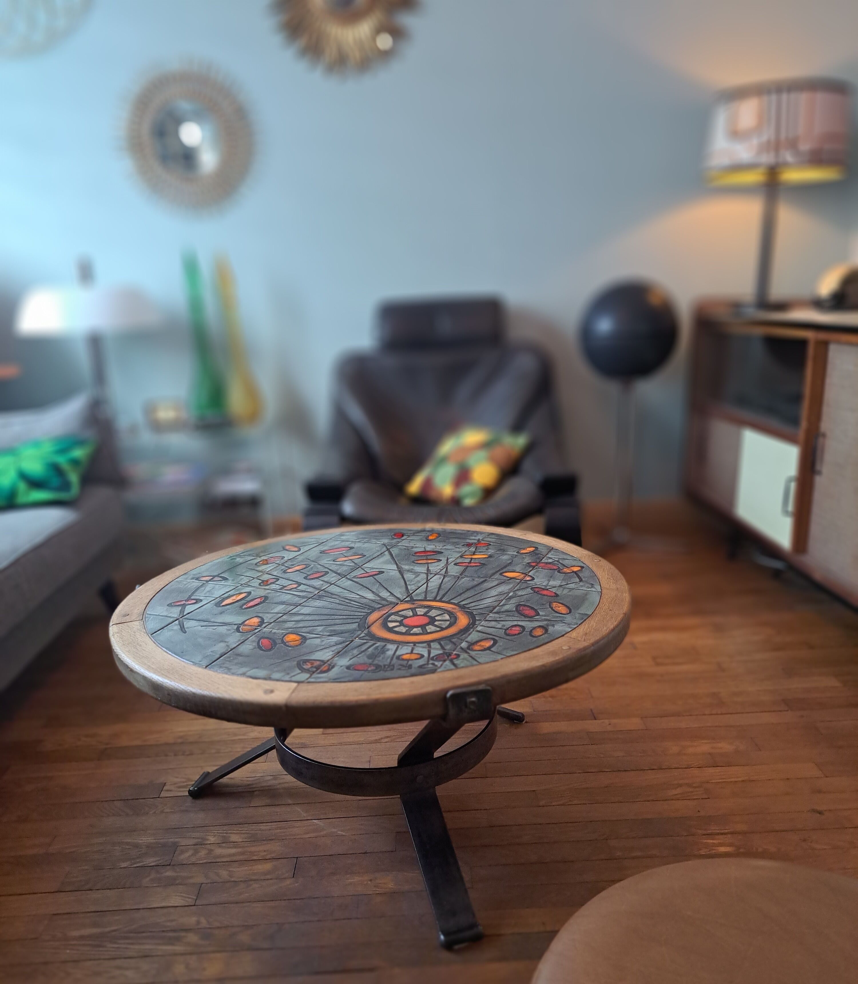 Vallauris coffee table signed drac 1960 wood earthenware steel