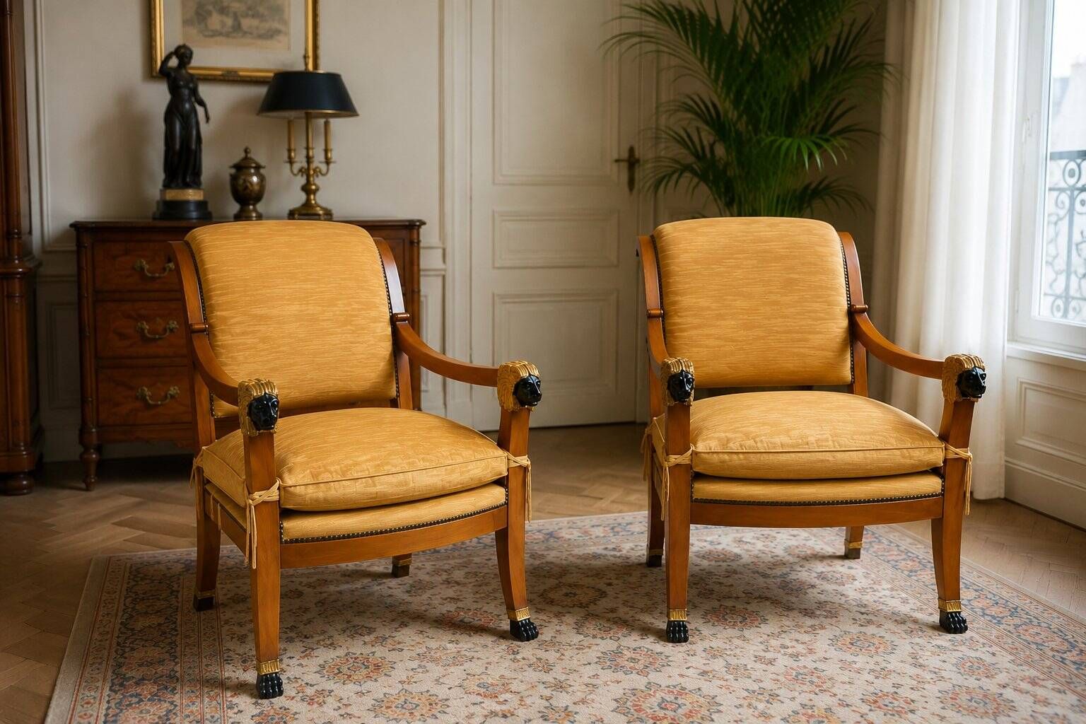 Neoclassical canapé and conversation chairs by Maison Rémy, Paris, France, 1986, set of 3.
