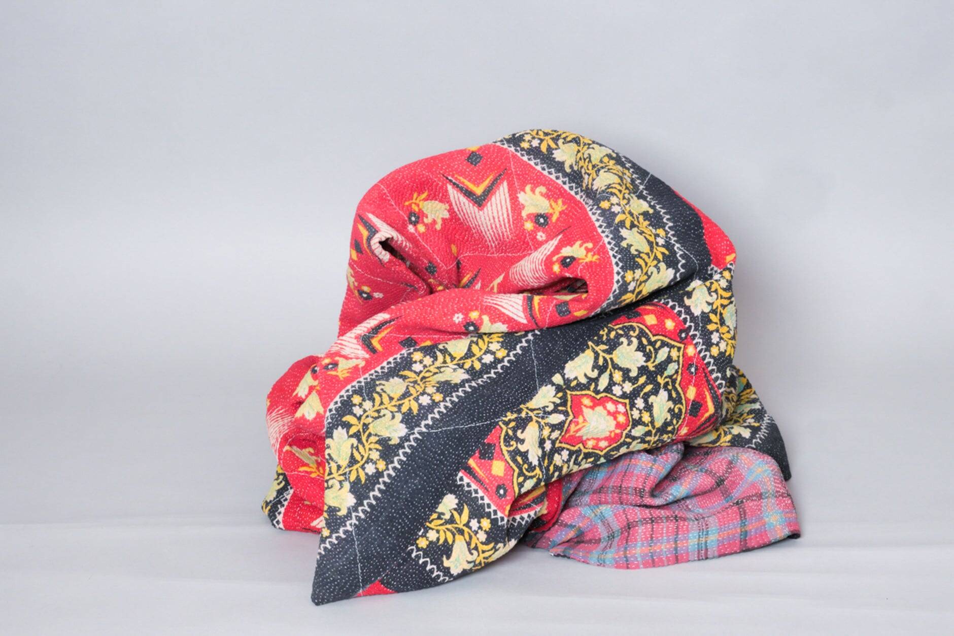 Kantha sari couvre-lit, Tartan coton recyclé brodé à la main