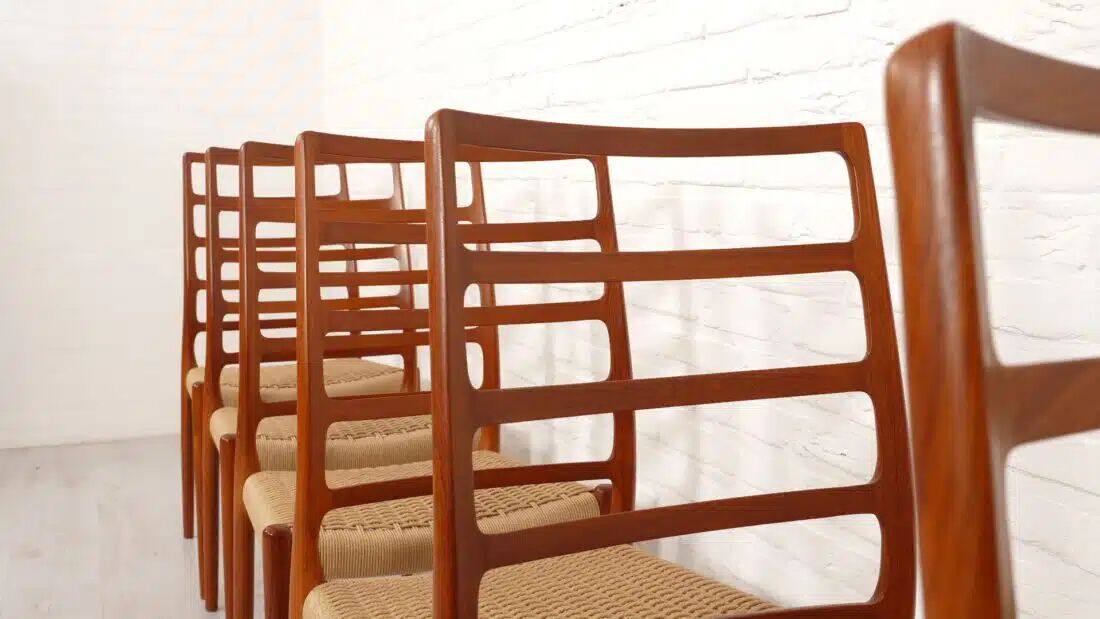 6 x vintage dining chairs | Niels Otto Møller | Model 82 | Papercord | Teak
