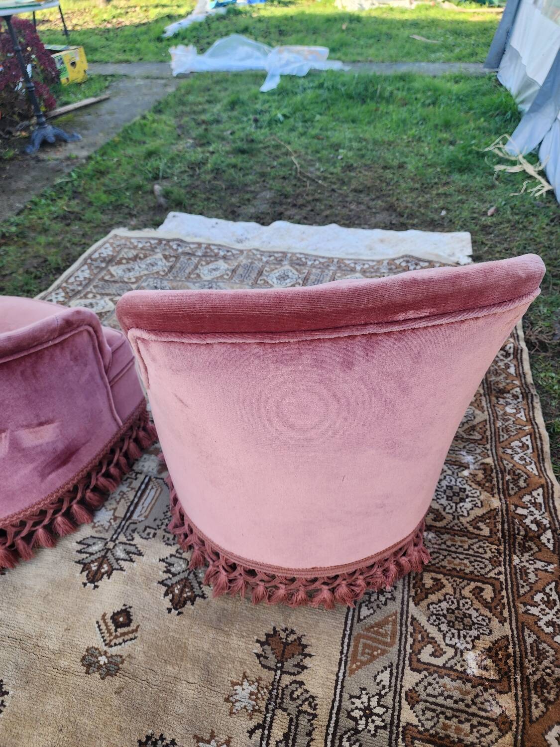 Pair of pink velvet toadstool armchairs
